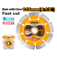 DISCO DIAMANTADO INGCO CORTE RÁPIDO EN SECO Y HÚMEDO 115MM (4 1/2")X 22.2 MM # DMD0111513