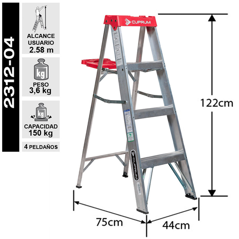 ESCALERA ALUMINIO TIJERA 1.22 MTS 4 PELDAÑOS 150 KG CUPRUM