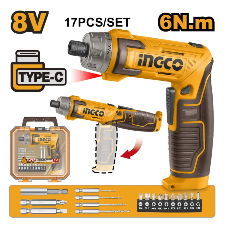 ATORNILLADOR INGCO INALAMBRICO 8V CARGA USB (CABLE NO INCLUIDO) 17 PZAS #CSDLI08025
