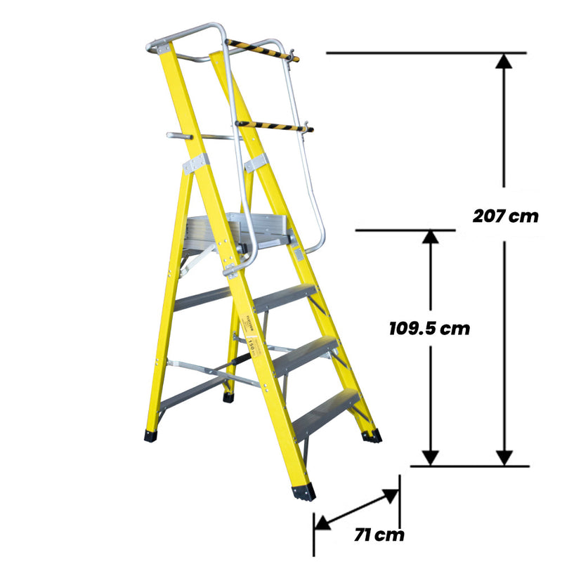 ESCALERA FIBRA VIDRIO PLATAFORMA 4 PELDAÑOS CON BARANDA DOBLE