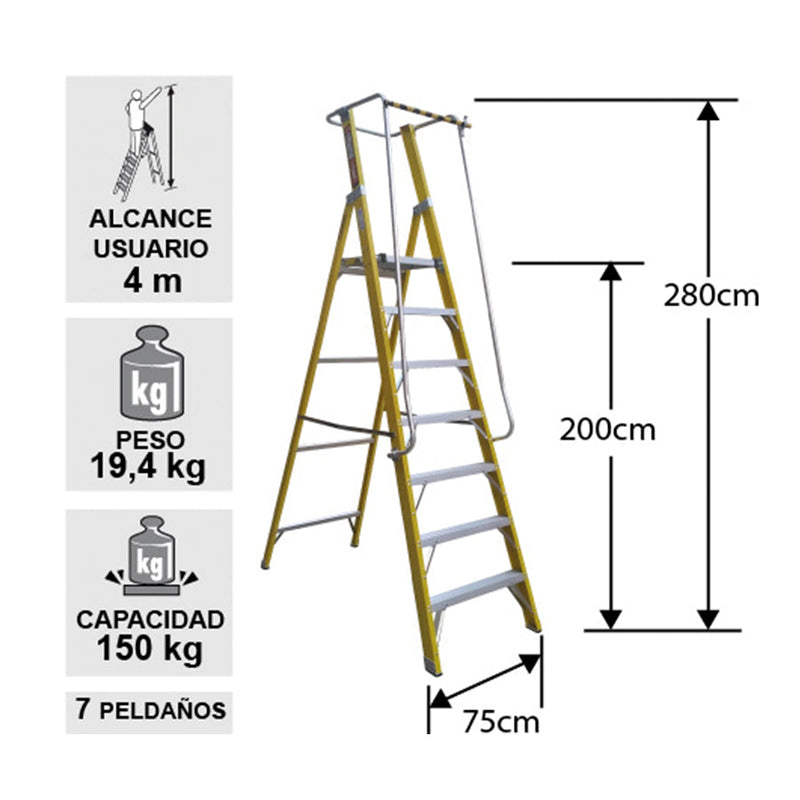 ESCALERA FIBRA VIDRIO PLATAFORMA 7 PELDAÑOS